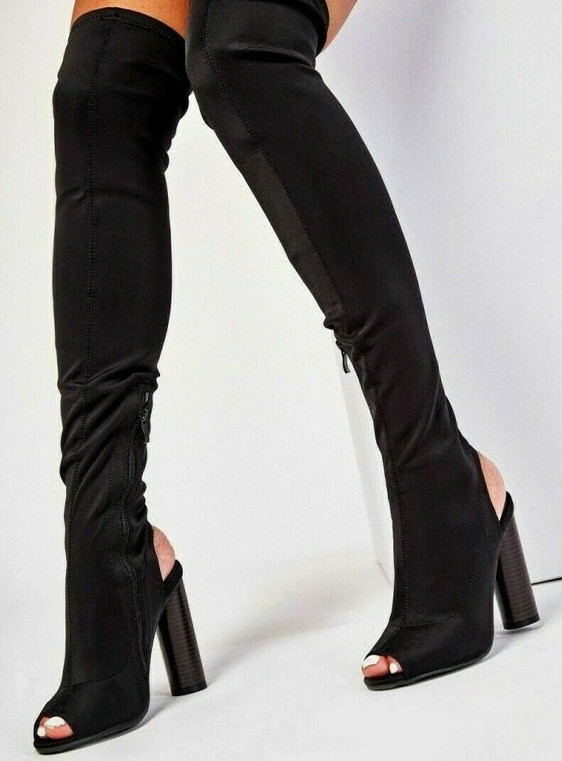 Womens Over The Knee High Boots Block High Heel Stretch Lycra Leg