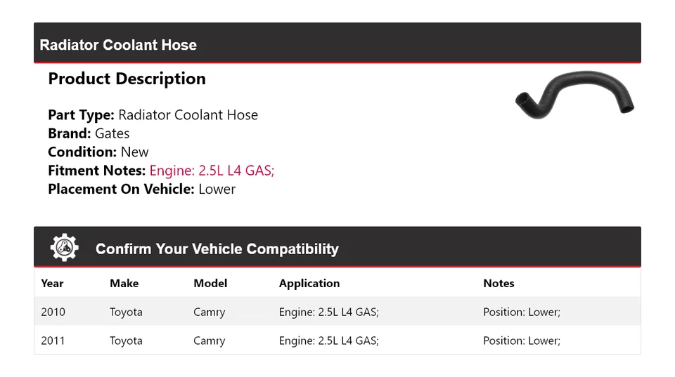 Manguera de refrigerante de radiador de gas de 2,5 L L4 para Toyota Camry 2010-2011 puertas inferiores Foto 2 de 4