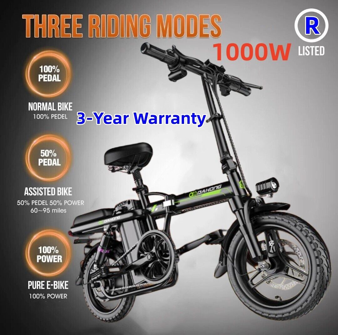 1000W🔥Electric Bike Foldable Scooter Commuter 48V Removable Battery14Inch Wheel