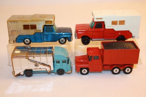 4 Vintage CORGI JUNIORS / HUSKY Trucks REFUSE / GUY WARRIOR COAL / FORD CAMPER