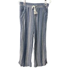 Jolt Womens Small Blue Verticle Striped Blue Linen Blend Pants Bohemian Natural