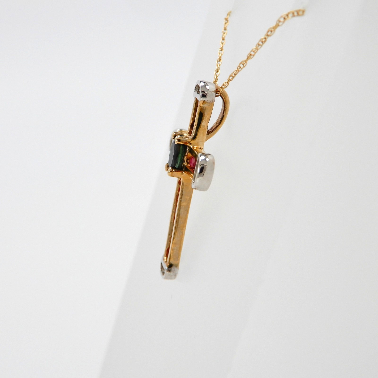 Solid 10K Yellow Gold Ruby Cross Pendant & Chain … - image 7