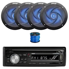 Pyle In Dash BT Marine CD AM/FM Receiver, 4X 5.25" 180W LED Black Speakers,Wire