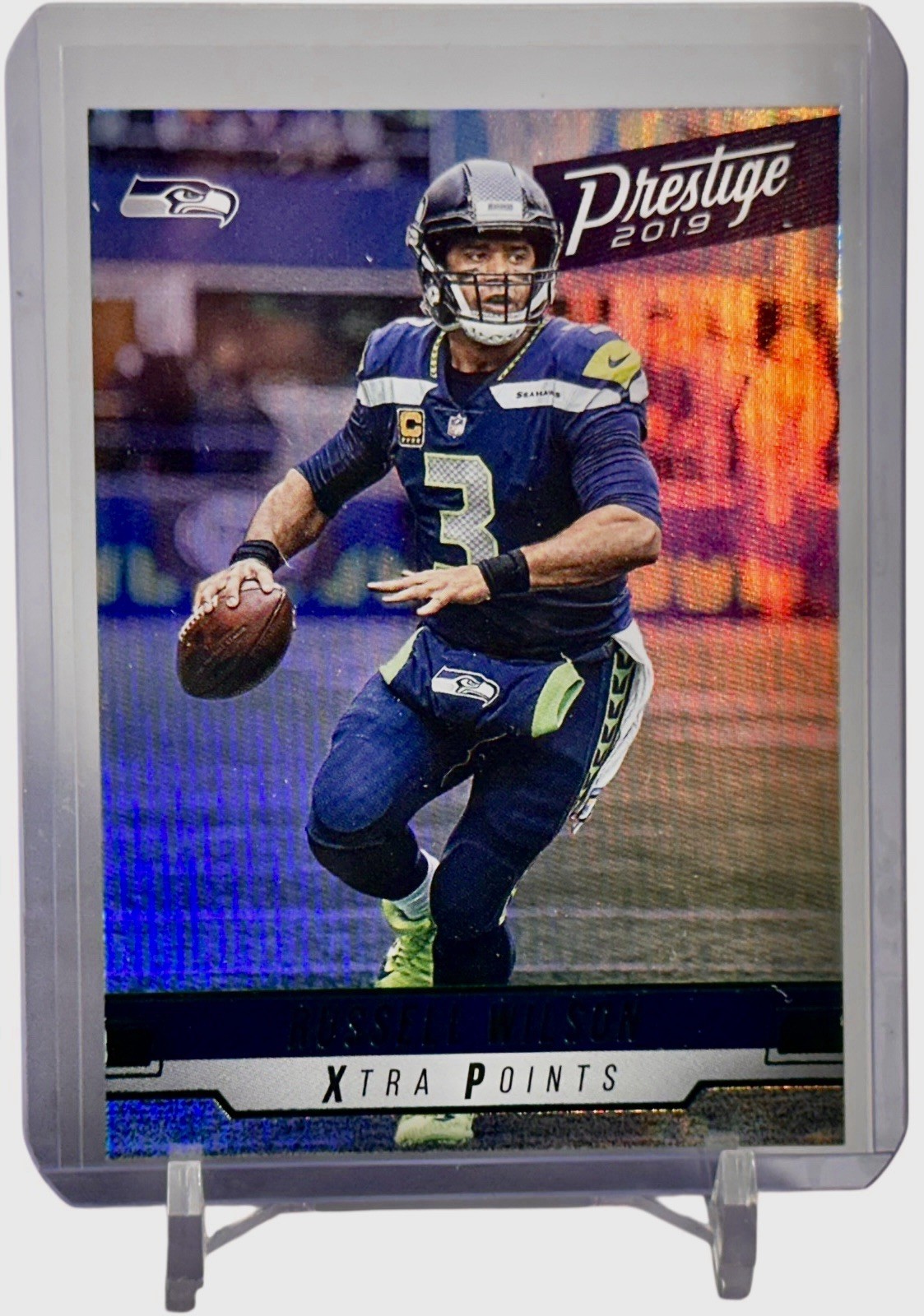 Russell Wilson 2019 Prestige Xtra Points Blue Parallel Football Card #188 W/Top