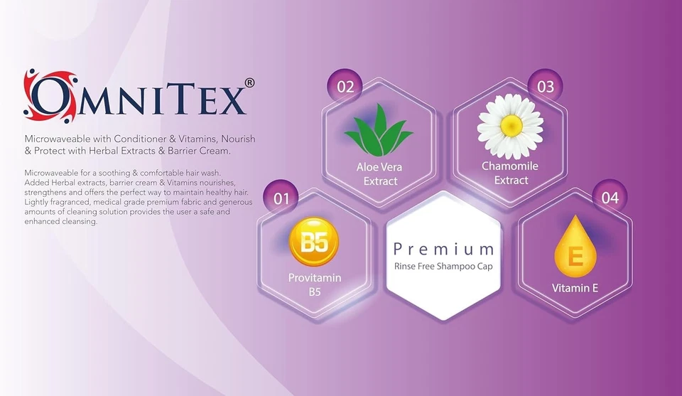 5pk -Omnitex Premium Rinse Free Shampoo Cap Microwaveable With Conditioner - Image 4 of 4