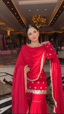 New Party Wear Red Faux Georgette Kurta Palazzo With Dupatta For Women