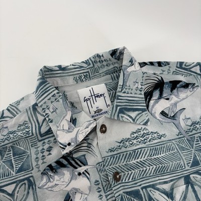 Guy Harvey Green White Deep Sea Fish Print Short Sleeve Camp Shirt Mens Size M