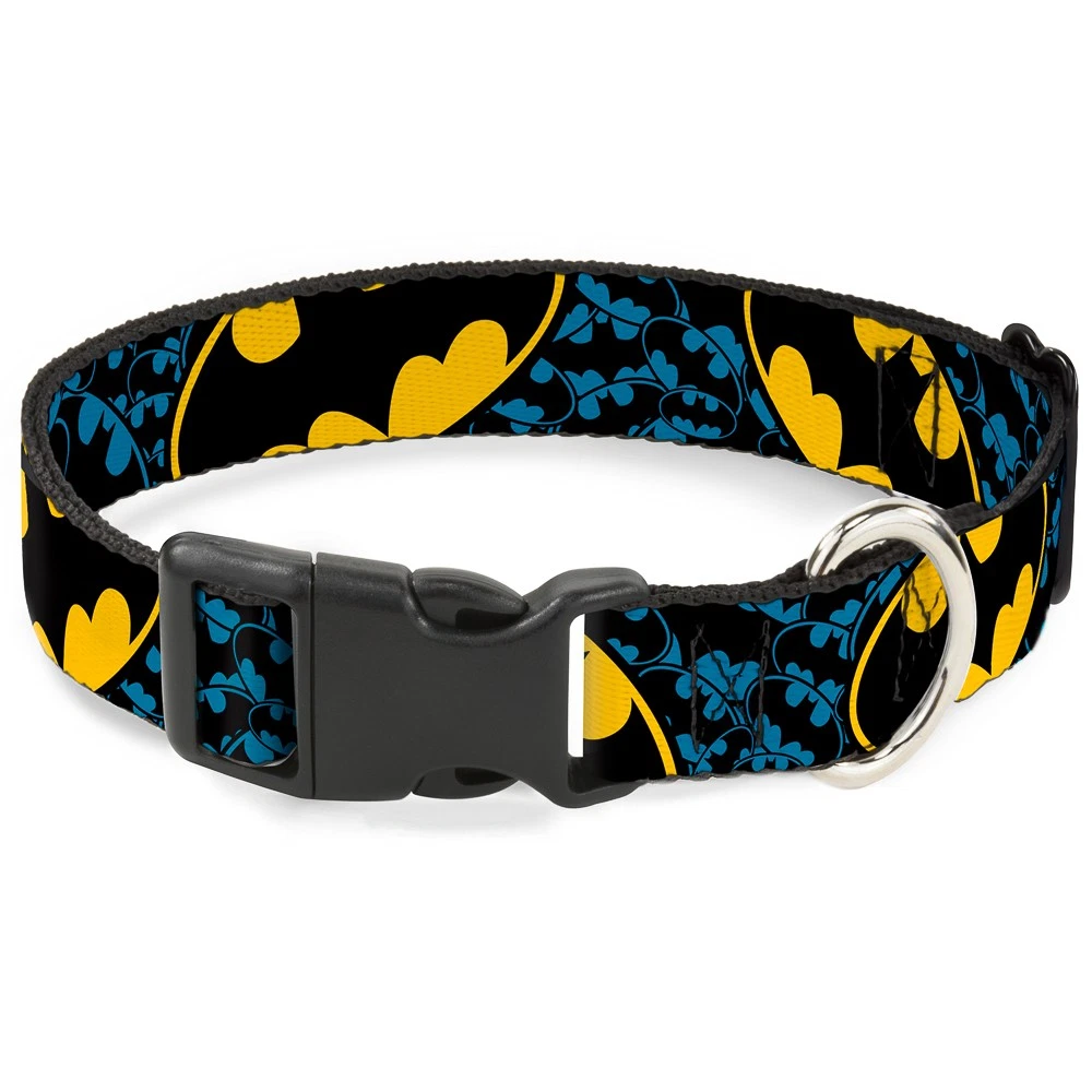 Plastic Clip Collar Bat Signals Stacked w/CLOSE-UP Blue/Black/Yellow WIDE-Large