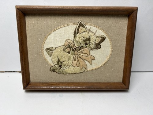 Vtg Framed Siamese Cats Crewel Art Piece “Sleepy Siamese” - READ