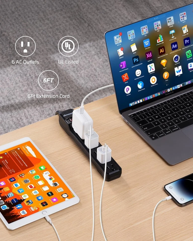 Compact Low Profile 6-Outlet Power Strip with Right Angle Plug & Surge Guard - Image 4 of 4