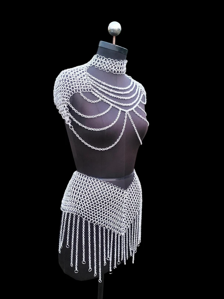 Top de corrente de alumínio com saia - Cosplay feminino medieval LARP, conjunto completo feminino - Imagem 2 de 4
