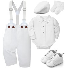 5 Pcs Baby Boy Baptism Outfits Includes Shirt Beret Hat Suspender Pants Shoes...