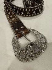 Vtg Nocona Belt Co Fur Rhinestones Silver Accents Etched Buckle Long Tie Belt 5