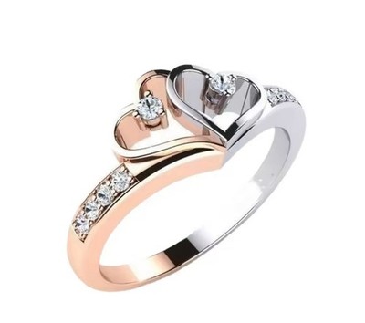 V532 S925 TWO TONE CZ ROSE & SILVER DOUBLE HEART RING SZ 6