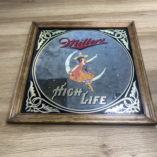 Vintage Miller High Life 1984 Girl On The Moon Beer Mirror Wall Bar Sign.