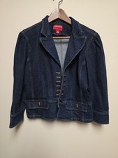 Vtg Chaps Womens Denim Blazer-Style Jacket L Dark Wash Peplum & Puff Shoulder