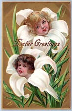 Postcard Easter Greetings Little Girls Blossoming From Lilies Winsch Back HE13
