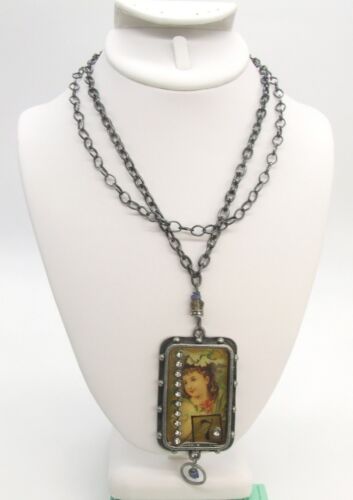 Heavy Picture Pendant 16" Black Plated Multi-strand Chain Choker Necklace Resin - Picture 1 of 3