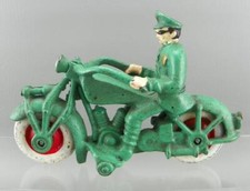 Vintage Hubley Repro Cast Iron 7.5" Green Police Harley Champion Motorcycle VG