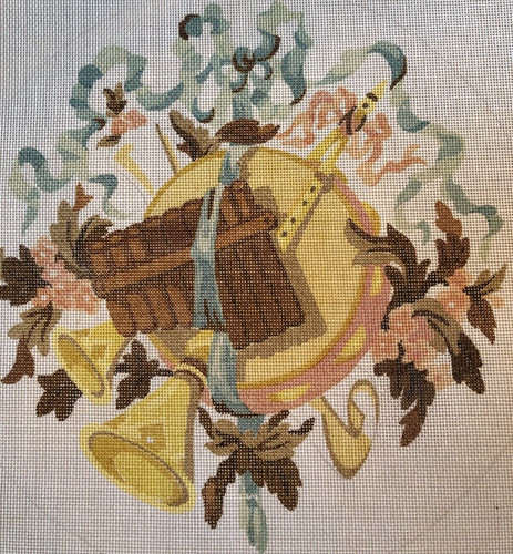Vintage Tapestry Bazaar Musical Instruments Needlepoint Canvas Floral Horns Ribb