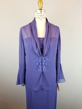 Stunning Deep Blue Alex Evenings Beaded Sheath Dress w/ Chiffon Jacket  NWT
