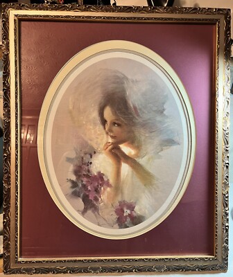 Home Interiors Homco Picture Victorian Woman in Bonnet with Flowers FRAMED