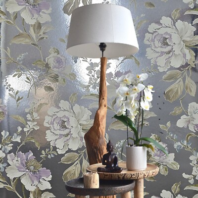 Silver foil metallic purple blossom branches flowers blooming peonies wallpaper