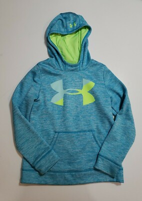 Girls UNDER ARMOUR Logo Hoodie Medium Loose Coldgear Blue Yellow