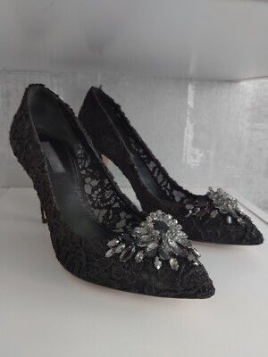 Dolce & Gabbana Black Lace Crystal Embellished Heels Pumps