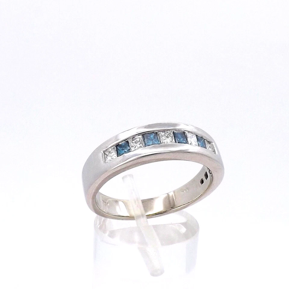 14k Gold Blue Diamond Wedding Anniversary Band Ring Unisex Princess Cut Setting - Image 2 of 4