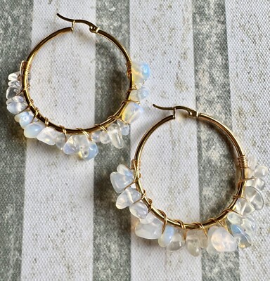 New Opalite Nugget Wire Wrapped Gold Tone Statement Hoop Earrings - 2 