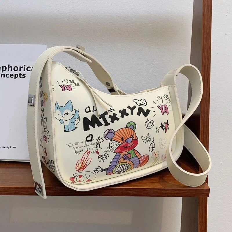 Women's Cartoon Graffiti Bear Printed Leather Shoulder Bag