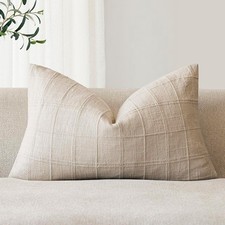 Set of 1 Decorative Linen Check Throw Pillow Cover Neutral Farmhouse Lumbar