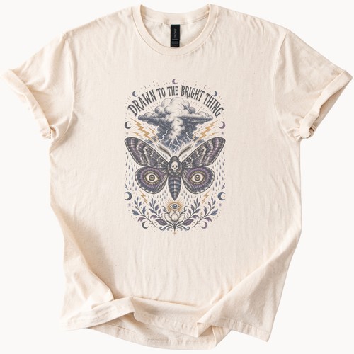Moth Skull Mystical Graphic Tee Dark Occult Nature Art - Afbeelding 2 van 6
