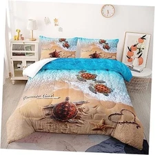  Beach Sea Turtle Comforter Set, Summer Reptile Tortoise Bedspread for Queen 06