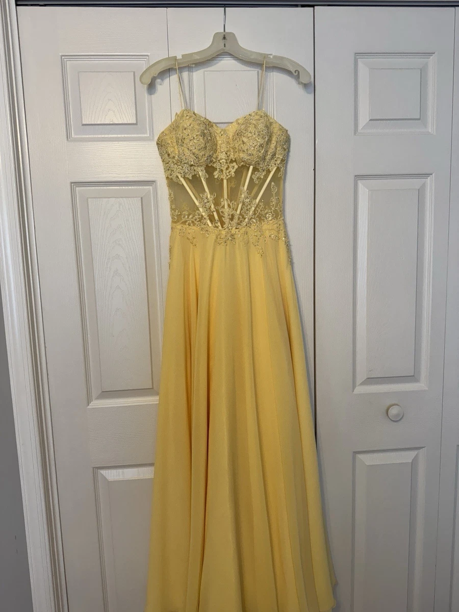 strapless open back dress A-line Yellow Tulle Beaded Long Evening Prom Dresses, Cheap Custom Pro –  BubbleGowns main image 0