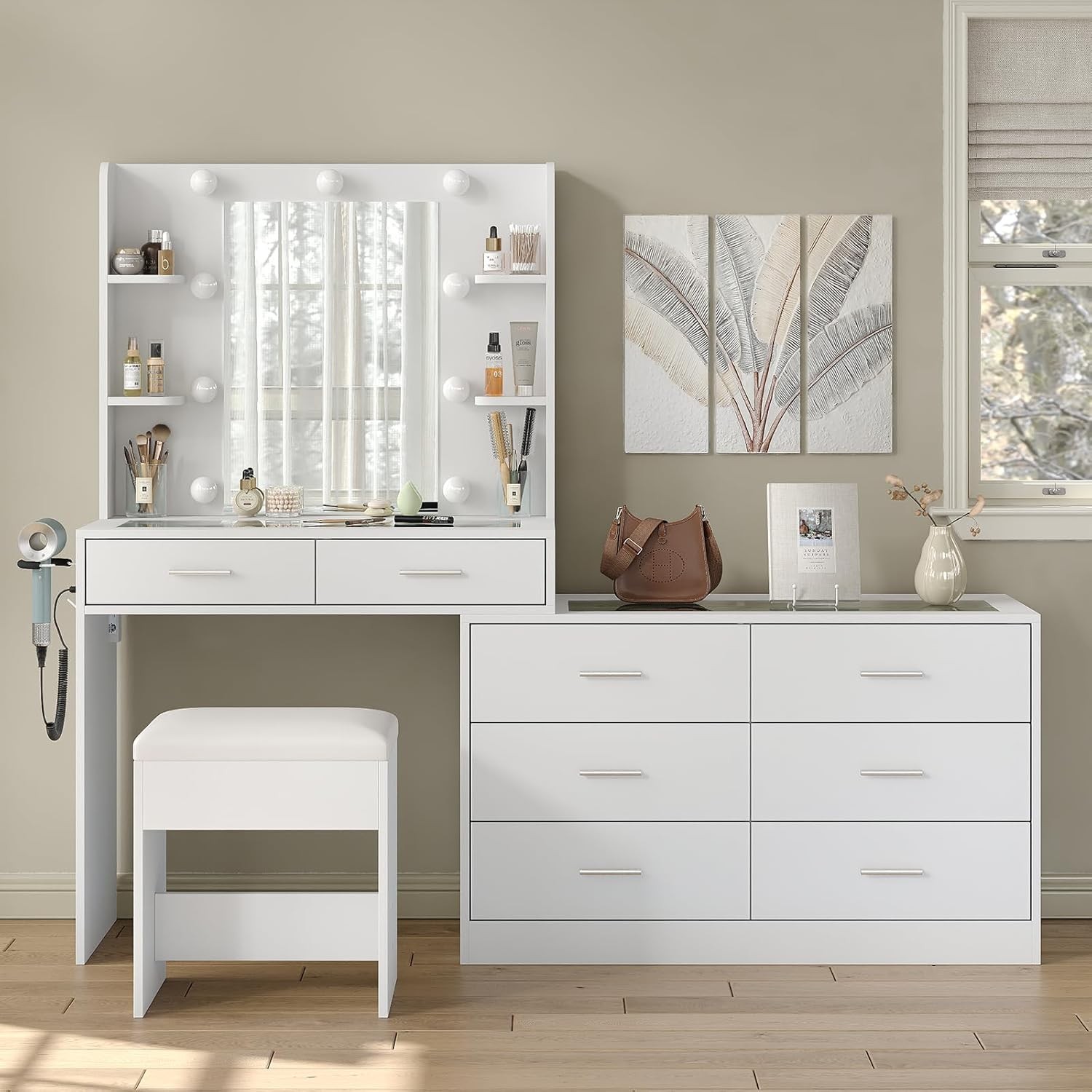 8-Drawer Makeup Vanity Desk with LED Mirror & Power Outlet