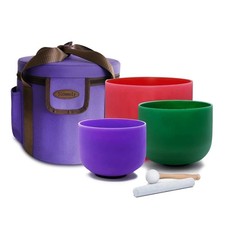 Colored Set of 3pcs 8"B 10"F 12"C Chakra Meditation Crystal Singing Bowls