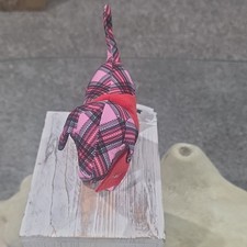 PINK Plaid Stuffed Dog Plush with Red Scarf, Small Pink Red Black