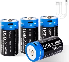 Rechargeable D Lithium Batteries 4 Pack, 1.5V Long-Lasting D Size Li-ion Battery