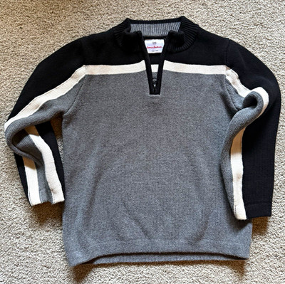 Hanna Andersson Boys Sweater 5-6Y Gray Black White Striped Knit 1/4 Zip