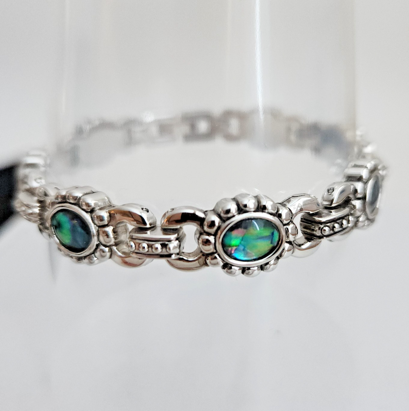 Abalone Shell Oval Link Bracelet Silver Tone 7” D… - image 1