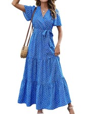Womens Summer Boho Floral Maxi Dress V Neck Flutter Sleeve Tie Waist A Line