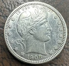 1908 O Barber Silver Quarter XF/AU
