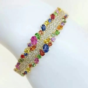 Authentic 10 Ctw Created Multicolor Sapphire Cluster Rainbow Bangle 14k Yellow Gold Plated