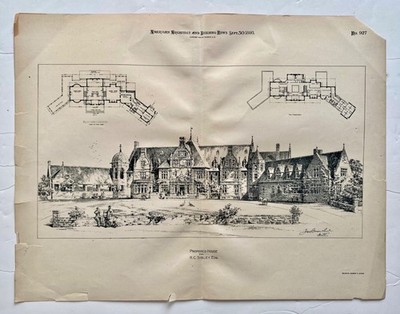 Antique 1893 House Plans Drawing Print American Architect Building News Boston