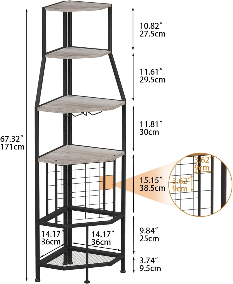 5-Tier Corner Wine Rack with Glass Holder Grey Bottle Storage Home Bar Shelf - Image 2 of 4