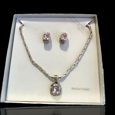 White Stag Pink Austrian Emerald Cut Crystal Necklace & Earrings 18in NOS