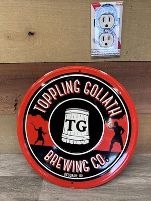 Toppling Goliath Brewing Co Embossed Metal Tin Tacker Sign 12 In Round Red Black