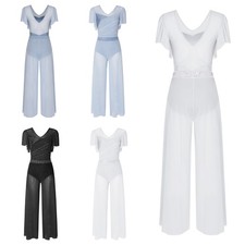 Women Leotard Elegant Jumpsuit Ruched Front Bodysuit Backless Dancewear Sheer